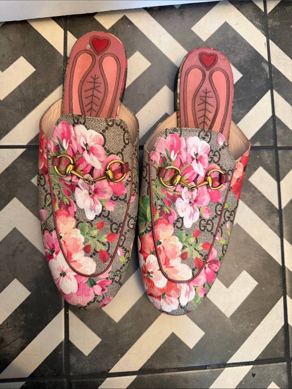 Gucci Pink Floral GG Horsebit Backless Mules